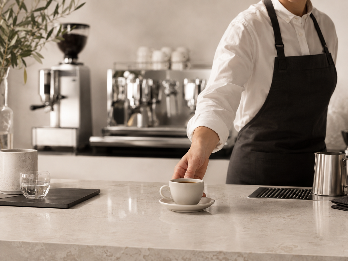 Barista podávající espresso v minimalistické kavárně